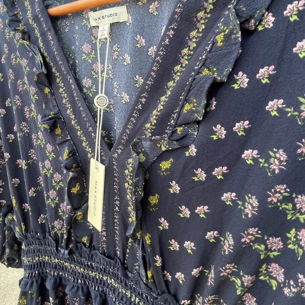 NWT Women's Large MAX STUDIO Navy Floral V-neck Empire Waist Tiered Midi Dress - Picture 5 of 16